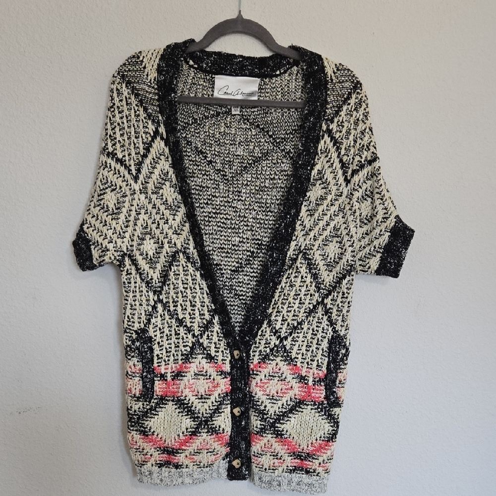Carol Anderson Cream and Black Geometric Short-Sleeve Cardigan Size XXS Oversize